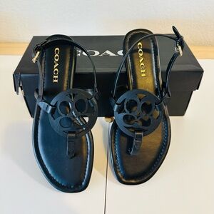 Coach Jaci Logo T-strap Flat Sandals Slingback Women's  Black Leather